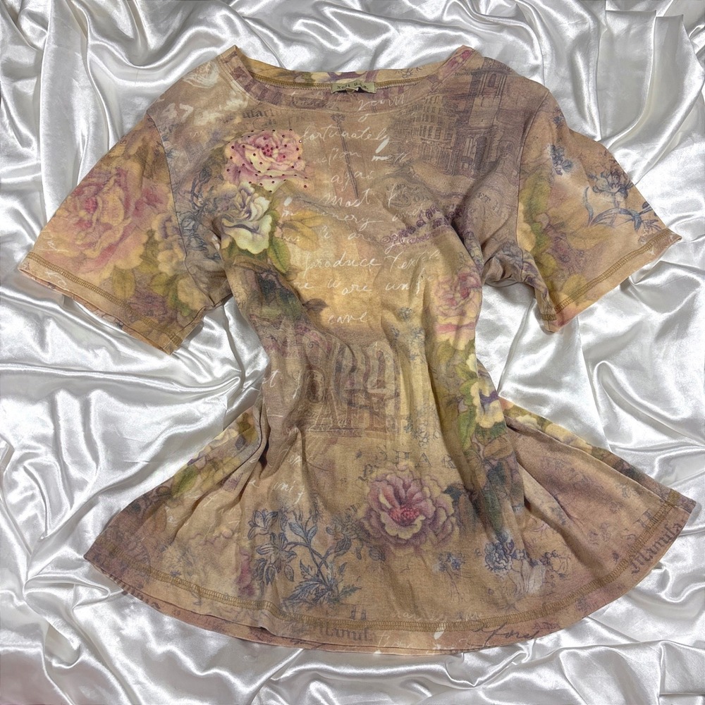y2k Top Brown Excellent Xcit u.s.a. Floral Script Rhinestone Collage Tee 1X